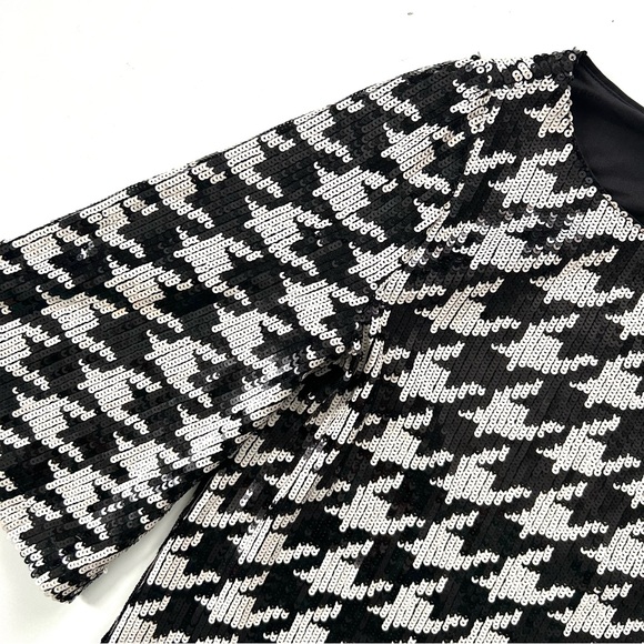 Chico’s Classy Black & White Sequin Houndstooth Flare 3/4 Sleeve Blouse Top - Picture 5 of 10